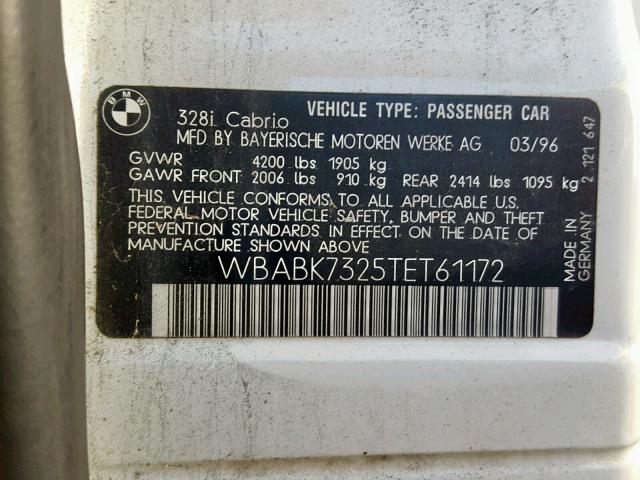 WBABK7325TET61172 - 1996 BMW 328 IC WHITE photo 10