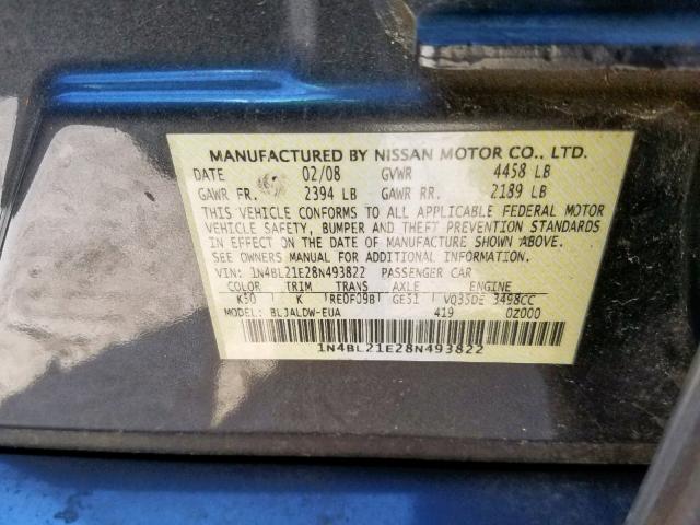 1N4BL21E28N493822 - 2008 NISSAN ALTIMA 3.5 GRAY photo 10