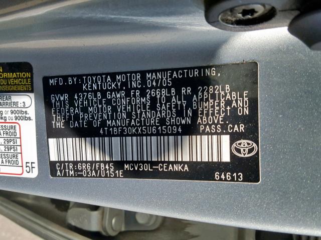 4T1BF30KX5U615094 - 2005 TOYOTA CAMRY LE SILVER photo 10