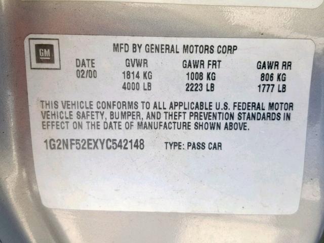 1G2NF52EXYC542148 - 2000 PONTIAC GRAND AM S GRAY photo 10