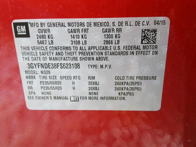 3GYFNDE38FS623108 - 2015 CADILLAC SRX PREMIU RED photo 10