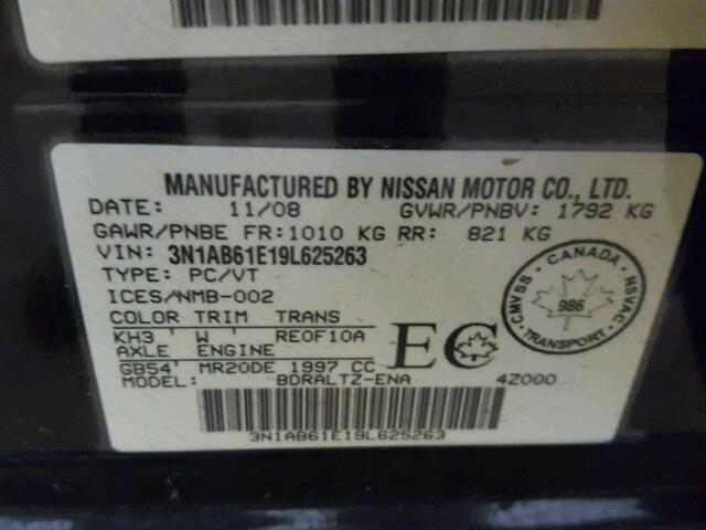 3N1AB61E19L625263 - 2009 NISSAN SENTRA 2.0 BLACK photo 10