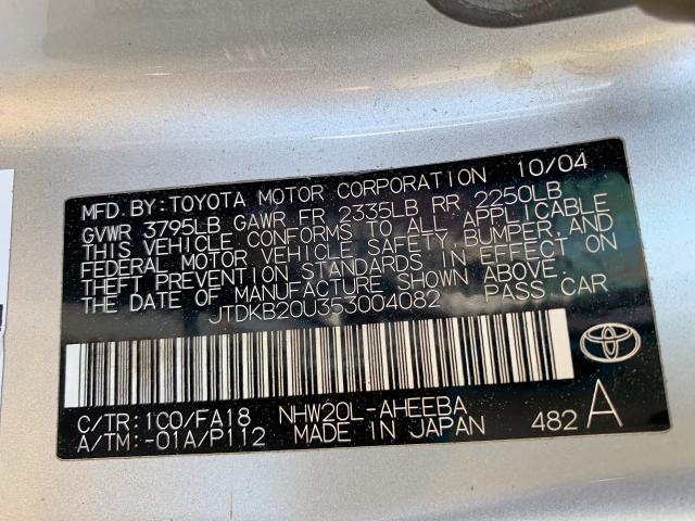 JTDKB20U353004082 - 2005 TOYOTA PRIUS SILVER photo 10