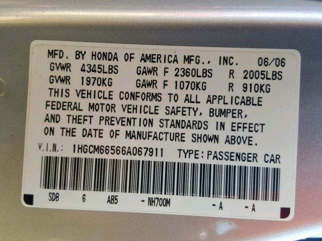 1HGCM66566A067911 - 2006 HONDA ACCORD EX SILVER photo 10