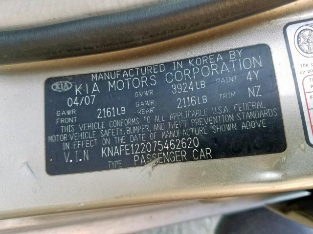 KNAFE122075462620 - 2007 KIA SPECTRA EX BEIGE photo 10