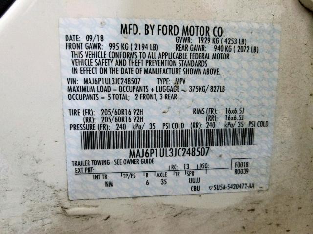 MAJ6P1UL3JC248507 - 2018 FORD ECOSPORT S WHITE photo 10