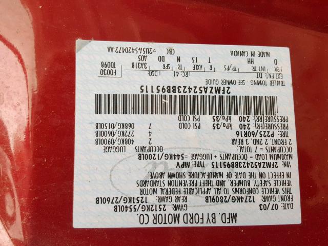 2FMZA52423BB95115 - 2003 FORD WINDSTAR S BURGUNDY photo 10