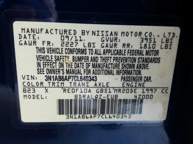 3N1AB6AP7CL640343 - 2012 NISSAN SENTRA 2.0 BLUE photo 10