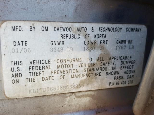 KL1TD56636B638855 - 2006 CHEVROLET AVEO BASE Көк фото 10