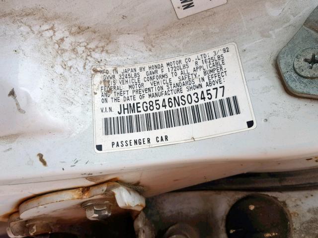 JHMEG8546NS034577 - 1992 HONDA CIVIC DX WHITE photo 10