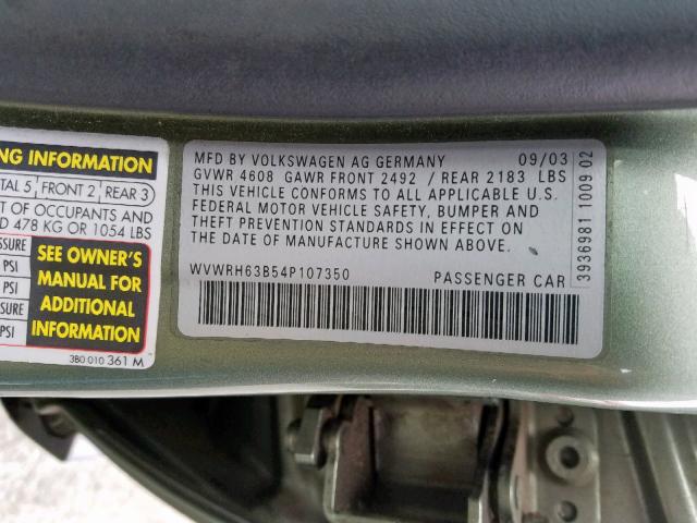 WVWRH63B54P107350 - 2004 VOLKSWAGEN PASSAT GLX GREEN photo 10