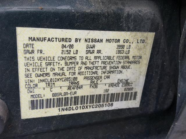 1N4DL01DXYC205108 - 2000 NISSAN ALTIMA XE GREEN photo 10