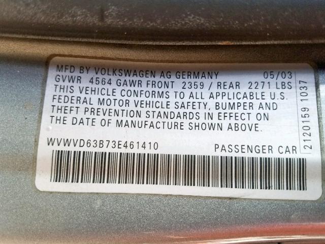 WVWVD63B73E461410 - 2003 VOLKSWAGEN PASSAT GLS SILVER photo 10