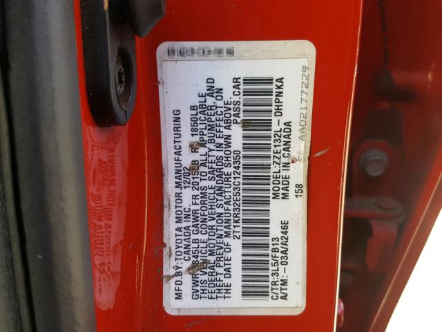 2T1KR32E53C124350 - 2003 TOYOTA COROLLA MA RED photo 10