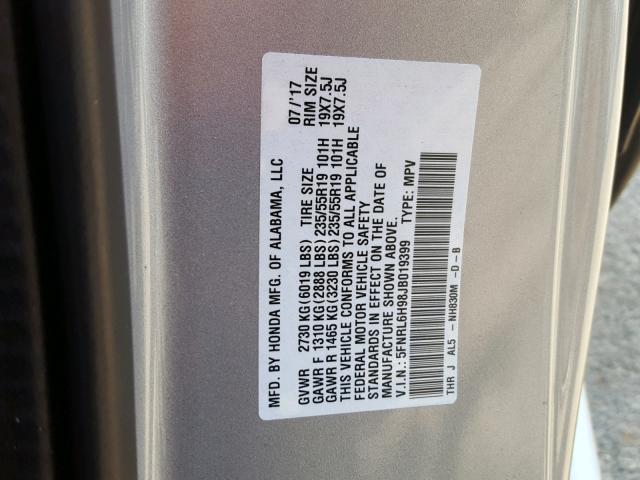 5FNRL6H98JB019399 - 2018 HONDA ODYSSEY EL SILVER photo 10