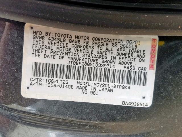 JT8BF28G510339714 - 2001 LEXUS ES 300 GRAY photo 10