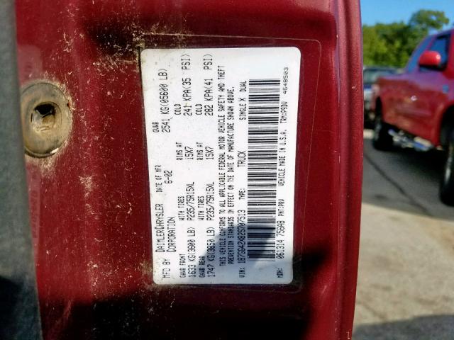 1B7GG42X82S707513 - 2002 DODGE DAKOTA SLT MAROON photo 10