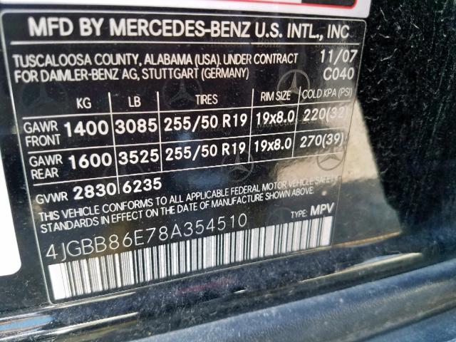 4JGBB86E78A354510 - 2008 MERCEDES-BENZ ML 350 BLACK photo 10