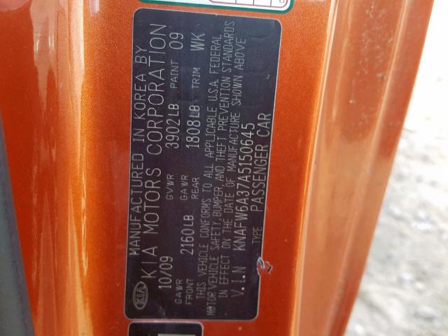 KNAFW6A37A5150645 - 2010 KIA FORTE SX ORANGE photo 10