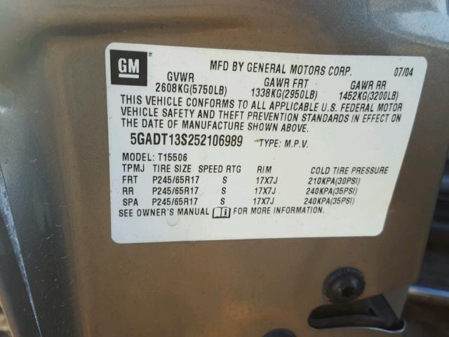 5GADT13S252106989 - 2005 BUICK RAINIER CX SILVER photo 10