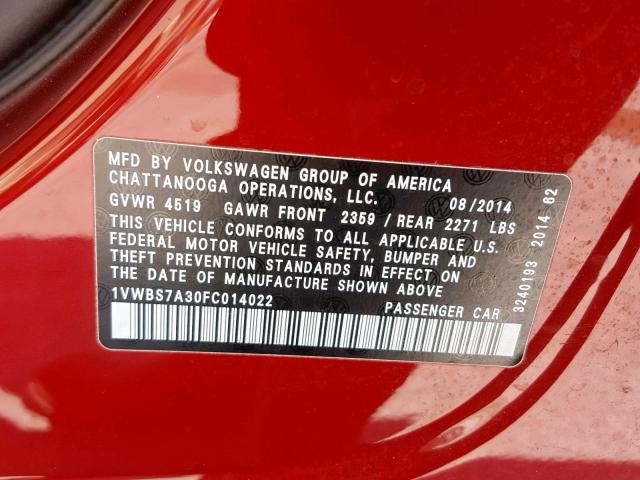 1VWBS7A30FC014022 - 2015 VOLKSWAGEN PASSAT SE RED photo 10