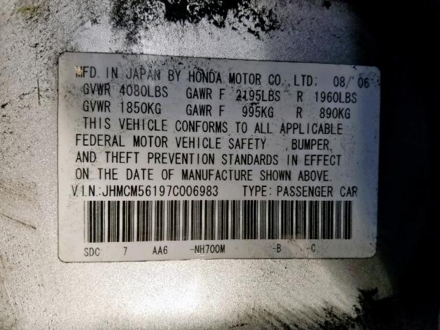 JHMCM56197C006983 - 2007 HONDA ACCORD VAL SILVER photo 10