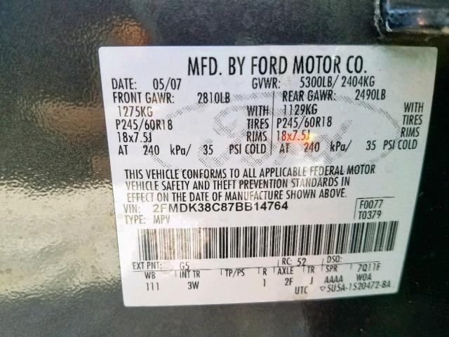 2FMDK38C87BB14764 - 2007 FORD EDGE SEL BLUE photo 10