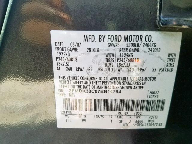 2FMDK38C87BB14764 - 2007 FORD EDGE SEL BLUE photo 9