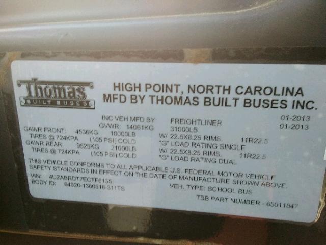 4UZABRDT7ECFF6135 - 2014 FREIGHTLINER CHASSIS B2 黄色 照片 10