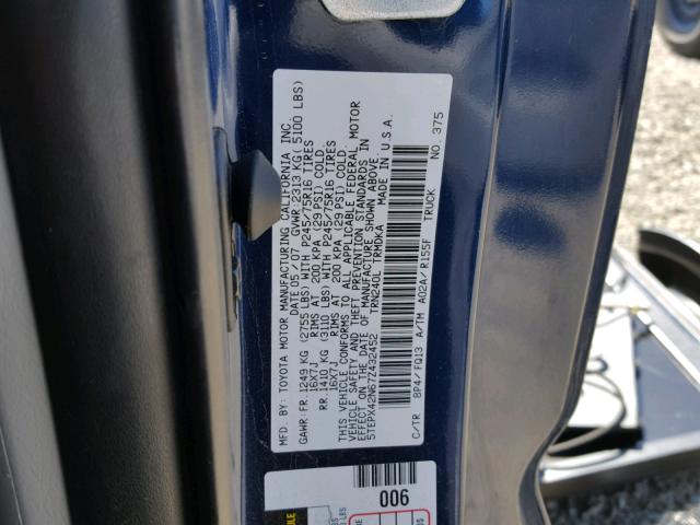 5TEPX42N67Z432452 - 2007 TOYOTA TACOMA BLUE photo 10