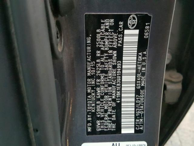 4T1BK1EB3GU194993 - 2016 TOYOTA AVALON XLE CHARCOAL photo 10