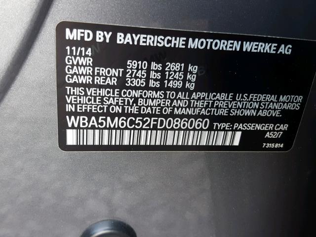 WBA5M6C52FD086060 - 2015 BMW 550 IGT GRAY photo 10
