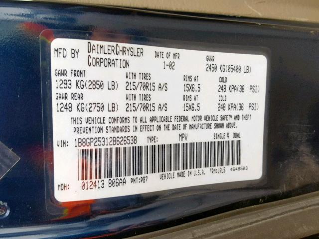 1B8GP25312B626538 - 2002 DODGE CARAVAN SE BLUE photo 10