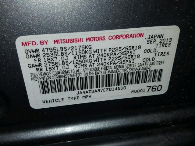 JA4AZ3A37EZ014530 - 2014 MITSUBISHI OUTLANDER GRAY photo 10