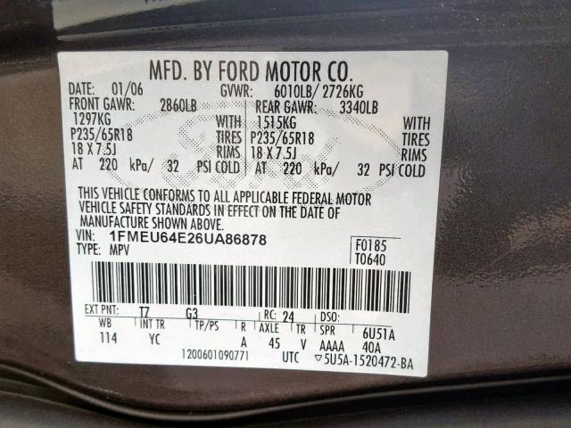 1FMEU64E26UA86878 - 2006 FORD EXPLORER E GRAY photo 10