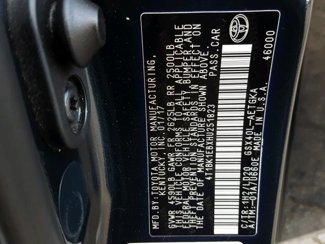 4T1BK1EBXHU251823 - 2017 TOYOTA AVALON XLE BLACK photo 10