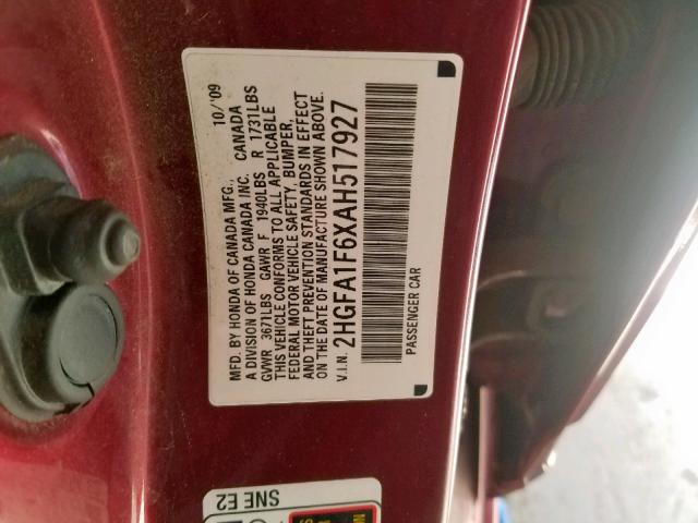 2HGFA1F6XAH517927 - 2010 HONDA CIVIC LX-S Կարմիր լուսանկար 10