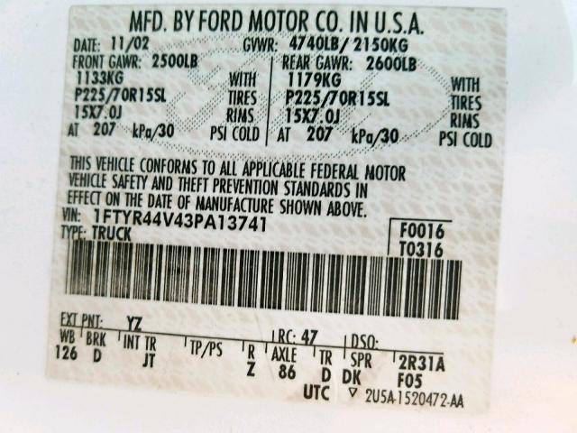 1FTYR44V43PA13741 - 2003 FORD RANGER SUP WHITE photo 10