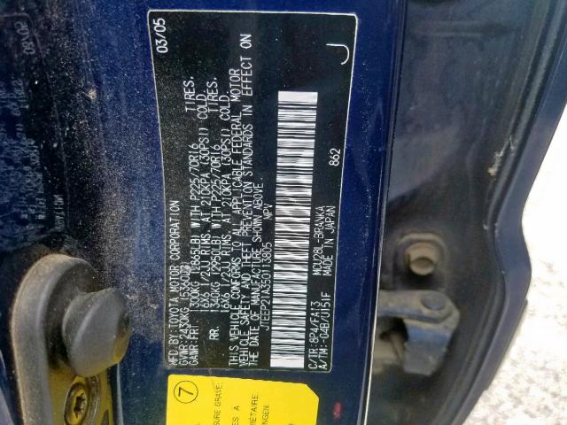 JTEEP21A350113805 - 2005 TOYOTA HIGHLANDER BLUE photo 10