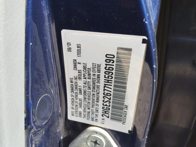 2HGES26771H596190 - 2001 HONDA CIVIC EX BLUE photo 10