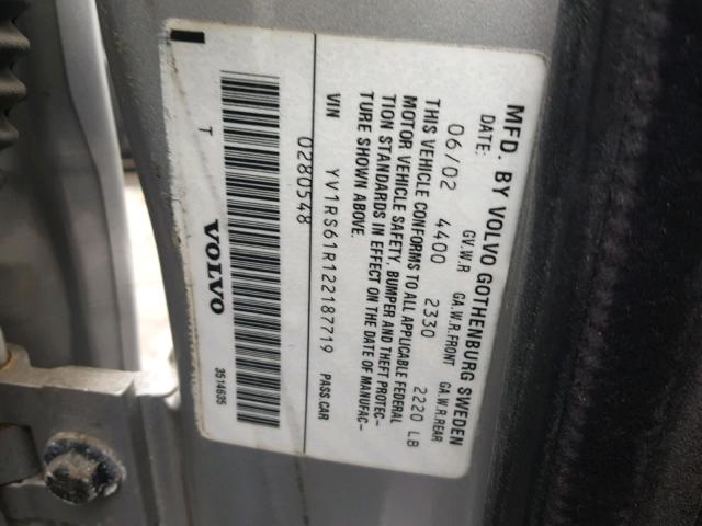YV1RS61R122187719 - 2002 VOLVO S60 SILVER photo 10