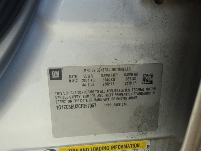1G1ZC5EU3CF267957 - 2012 CHEVROLET MALIBU 1LT SILVER photo 10