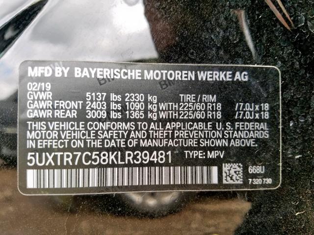 5UXTR7C58KLR39481 - 2019 BMW X3 SDRIVE3 BLACK photo 10
