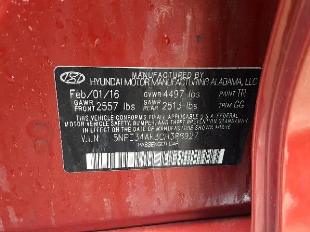 5NPE34AF3GH388927 - 2016 HYUNDAI SONATA SPO RED photo 10