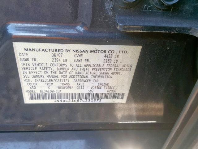 1N4BL21E67C231375 - 2007 NISSAN ALTIMA 3.5 GRAY photo 10