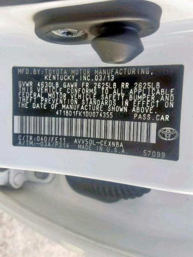 4T1BD1FK1DU074355 - 2013 TOYOTA CAMRY HYBR WHITE photo 10