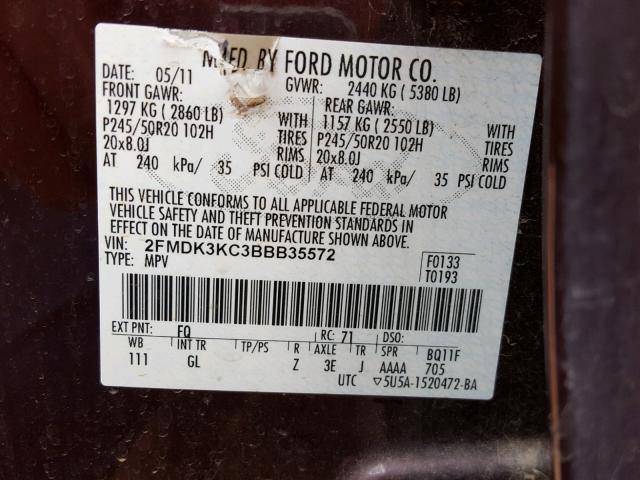 2FMDK3KC3BBB35572 - 2011 FORD EDGE LIMIT BURGUNDY photo 10