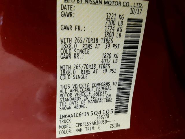 1N6AA1E64JN504105 - 2018 NISSAN TITAN SV RED photo 10