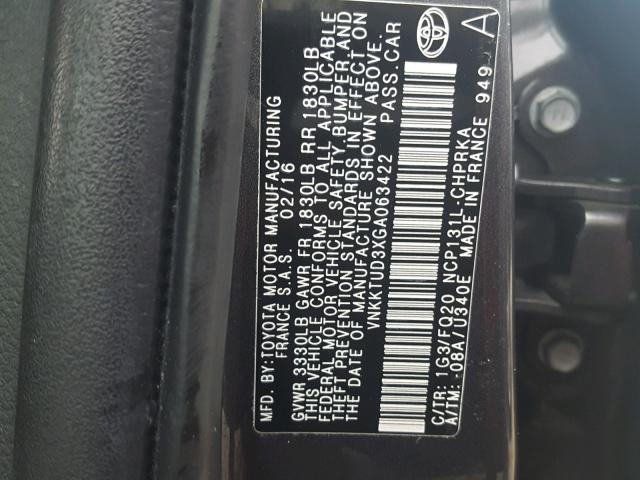 VNKKTUD3XGA063422 - 2016 TOYOTA YARIS L GRAY photo 10