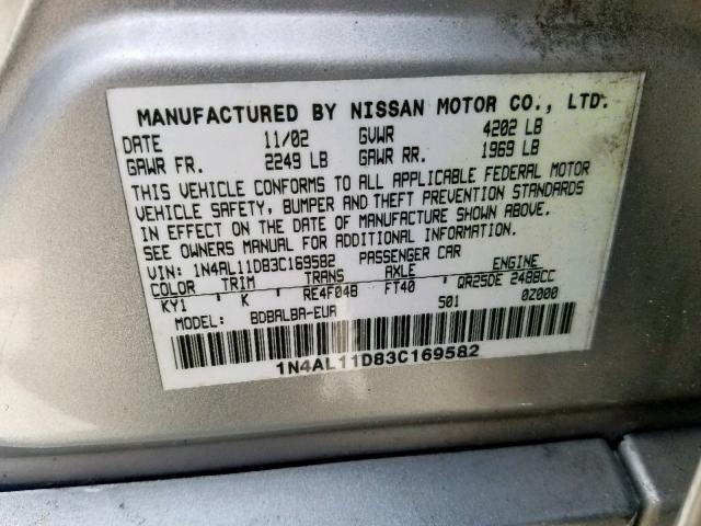 1N4AL11D83C169582 - 2003 NISSAN ALTIMA BAS SILVER photo 10